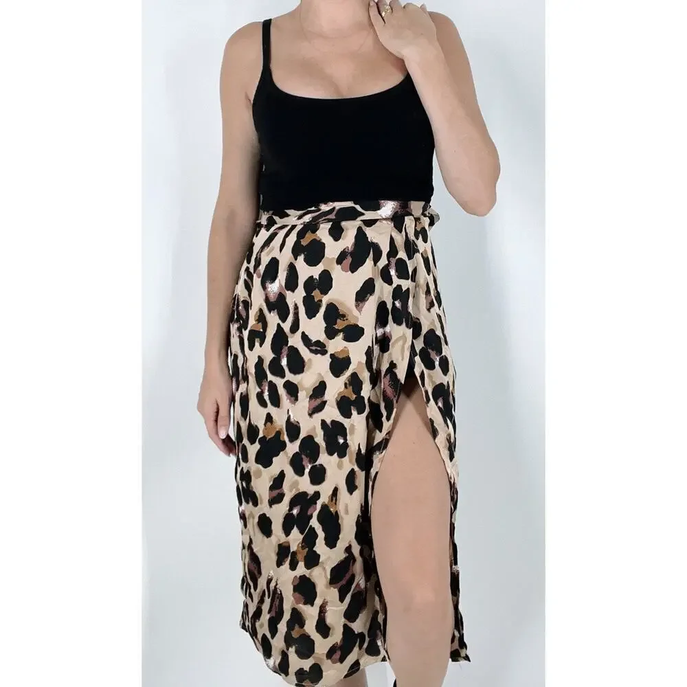 NWT Missy Empire Brown Leopard Print Wrap Midi Skirt Size 2